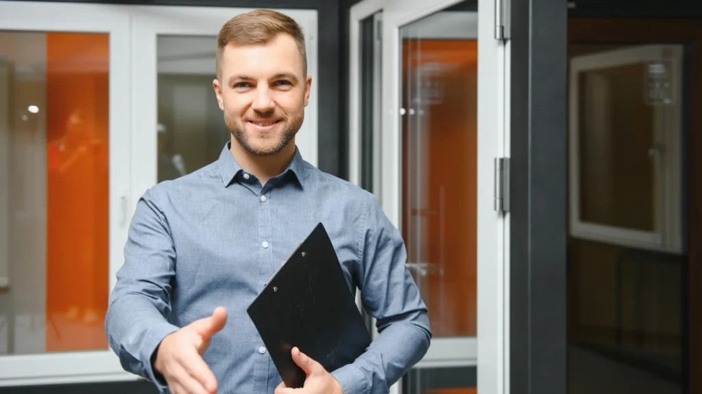 Un homme en chemise bleue au travail qui tend la main et représentant un apporteur d'affaire en informatique.