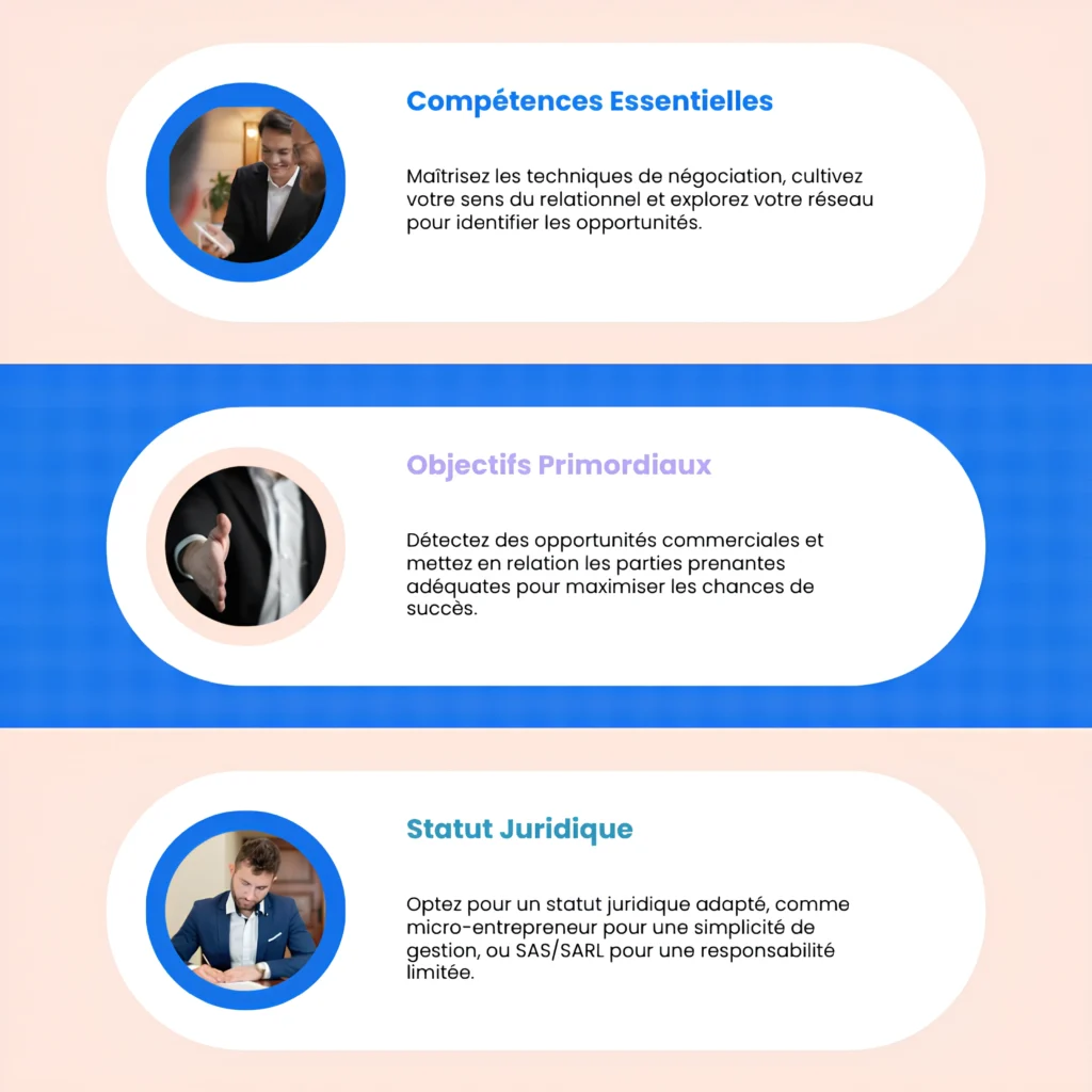 Infographie sur les étapes clés pour devenir apporteur d'affaires, comprenant les compétences essentielles, les objectifs primordiaux et le choix du statut juridique